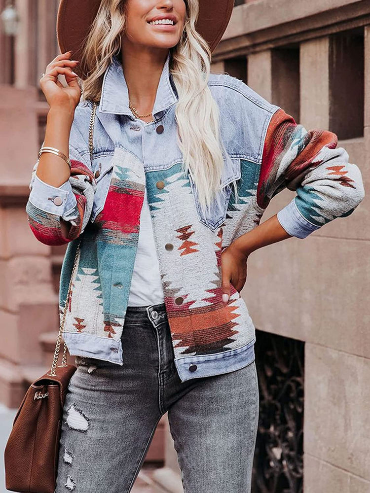 Women's Western Cowgirl Aztec Pattern Denim Jacket