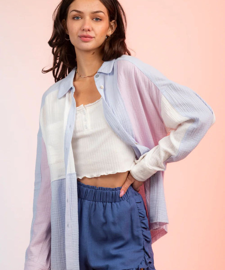 Chic Long Sleeve Color Blocked Button Down Shirt