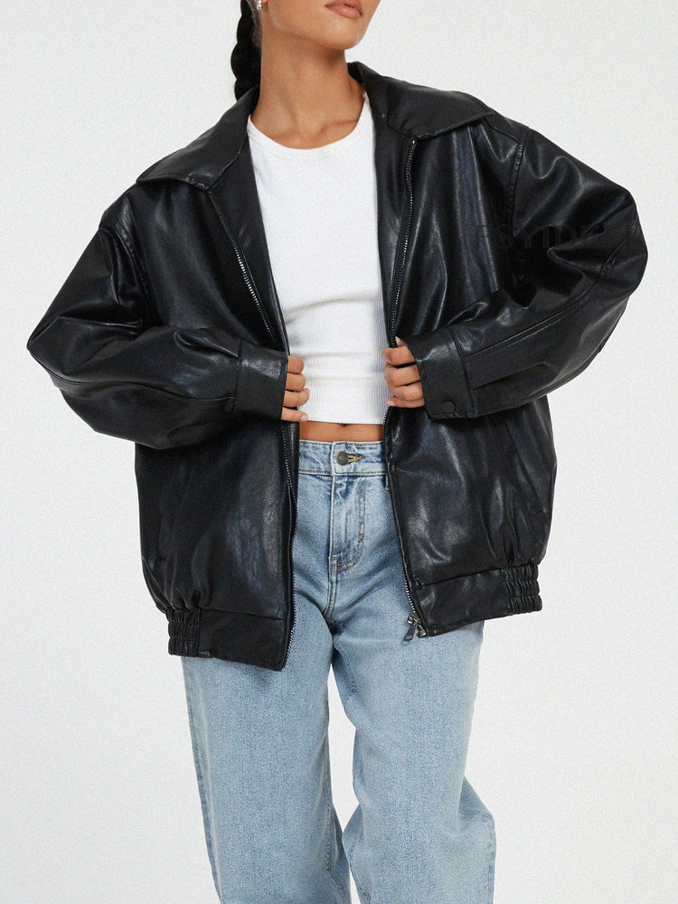 Women's Loose Zip Up Faux Leather Bomber Jacket