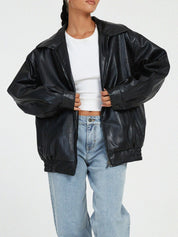Women's Loose Zip Up Faux Leather Bomber Jacket