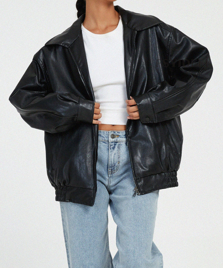 Women's Loose Zip Up Faux Leather Bomber Jacket