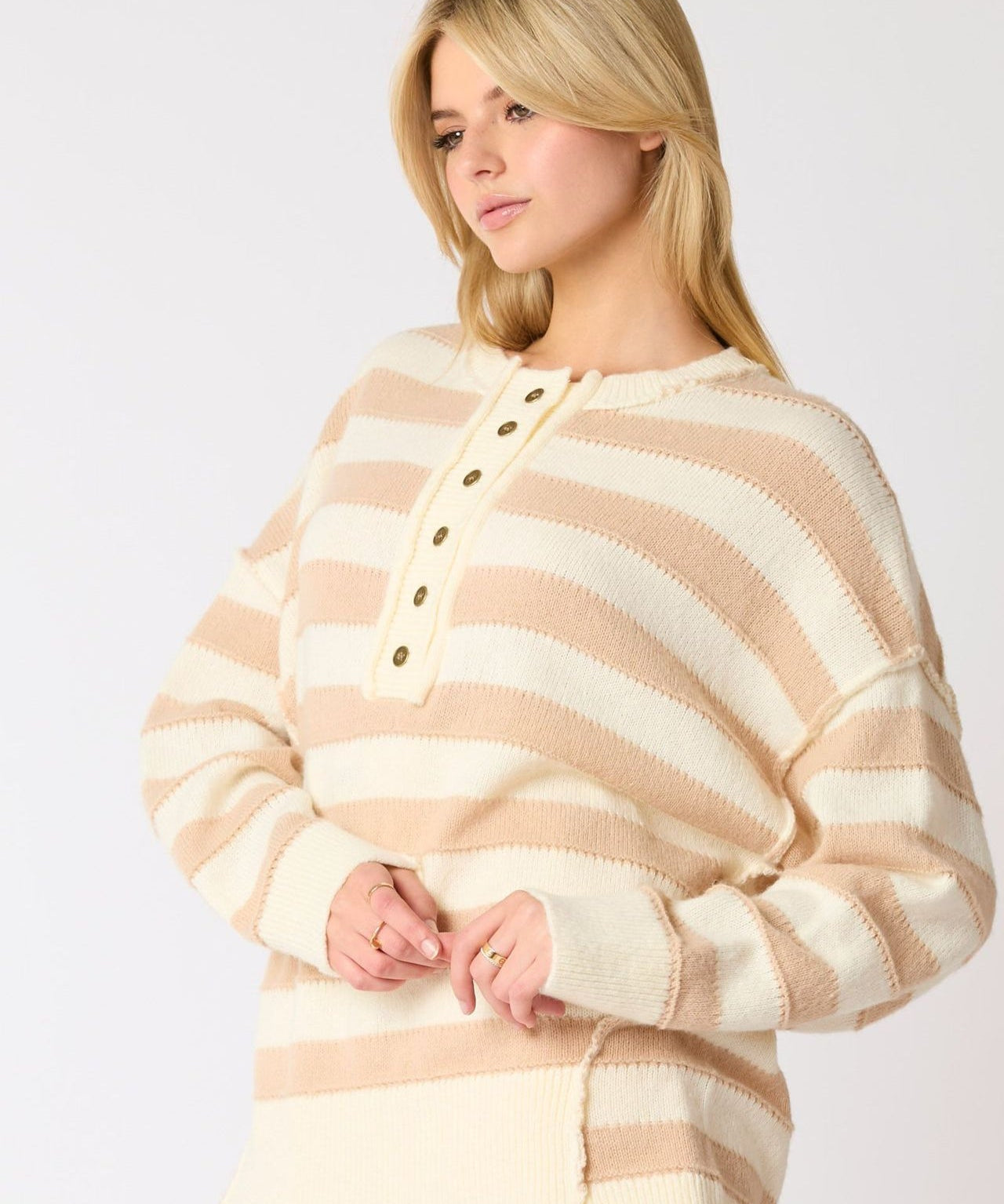 Women's Retro Half-Button Up Striped Knit Baggy Sweater