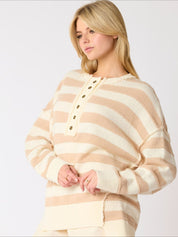 Women's Retro Half-Button Up Striped Knit Baggy Sweater