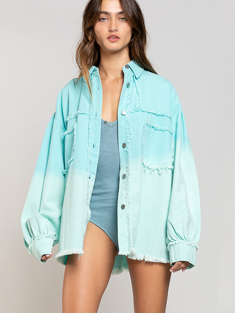 Distressed Frayed Detail Tie-Dye Button-Up Shacket