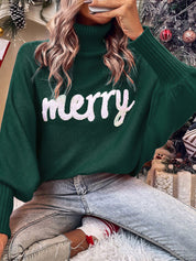 Women's Xmas Choice Merry Printed Turtleneck Knitted Sweater