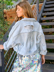 Women's Shiny Rhinestone Fringe Denim Cropped Jacket