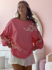 Light Pink Heart Embellished Pullover Sweatshirt