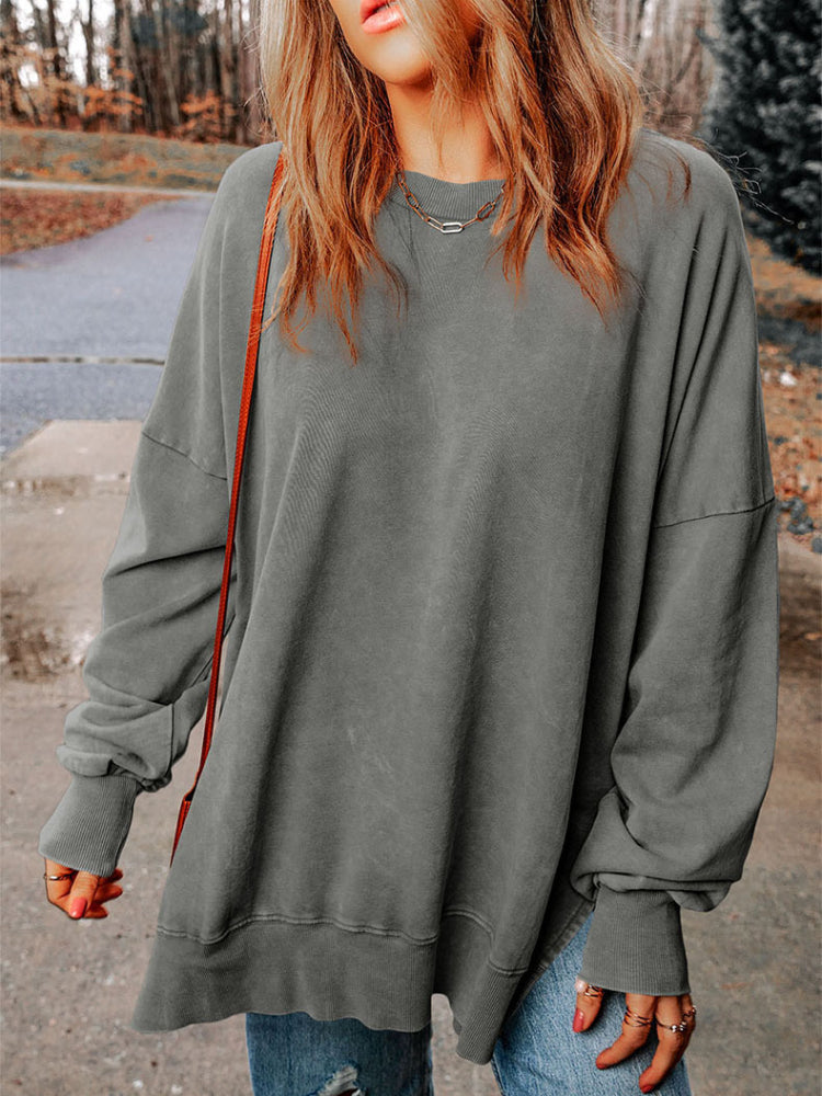 Women's Classic Solid Side Slit Crewneck Sweatshirt