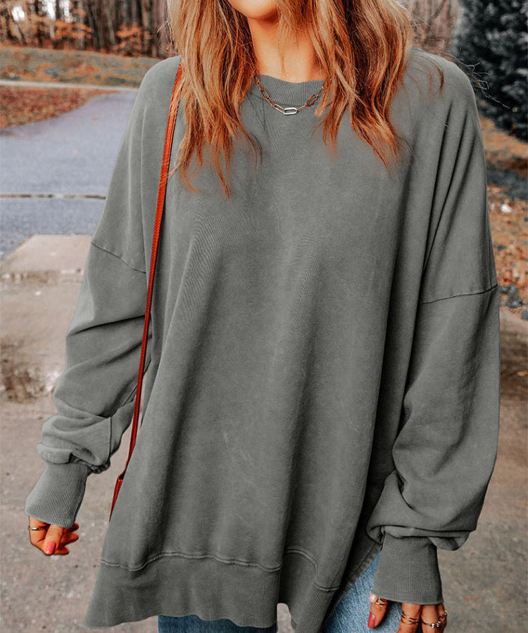 Women's Classic Solid Side Slit Crewneck Sweatshirt