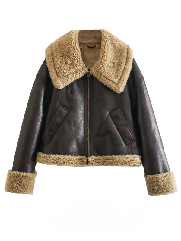 Women's Brown Zip Up Lambswool Jacket Coat