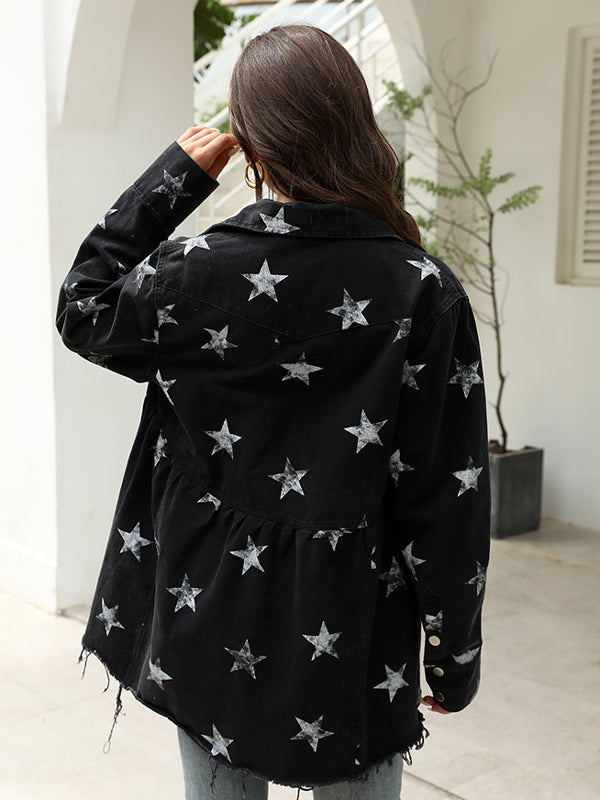 Women's Chic Star Printed Fringed Denim Jacket