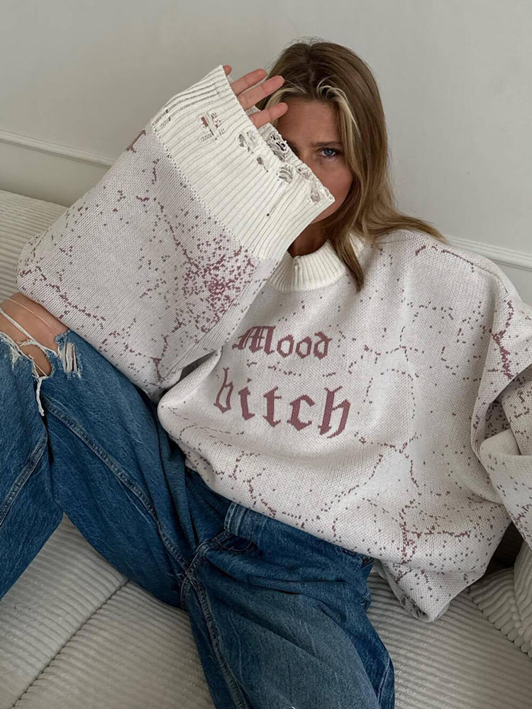 Women's Distressed Abstract  Mood Letter Printed Pullover Sweater