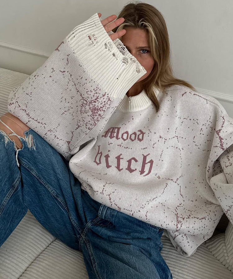 Women's Distressed Abstract  Mood Letter Printed Pullover Sweater