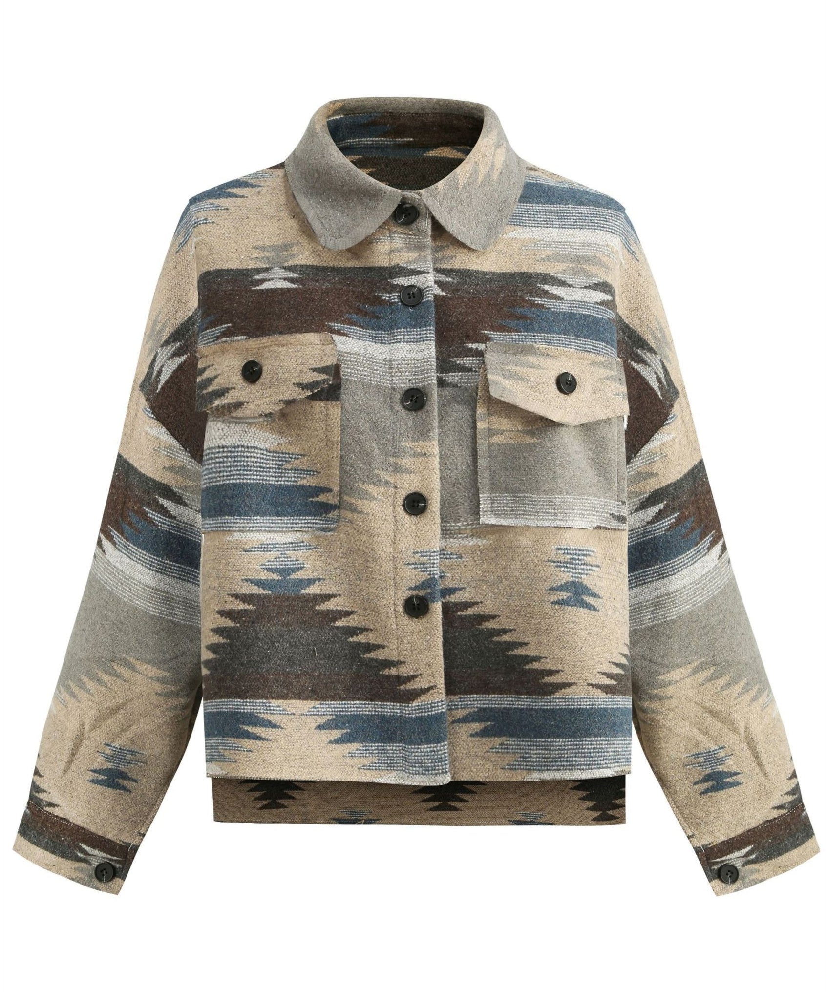 Retro Aztec Pattern Patch Pocket Button Down Shacket