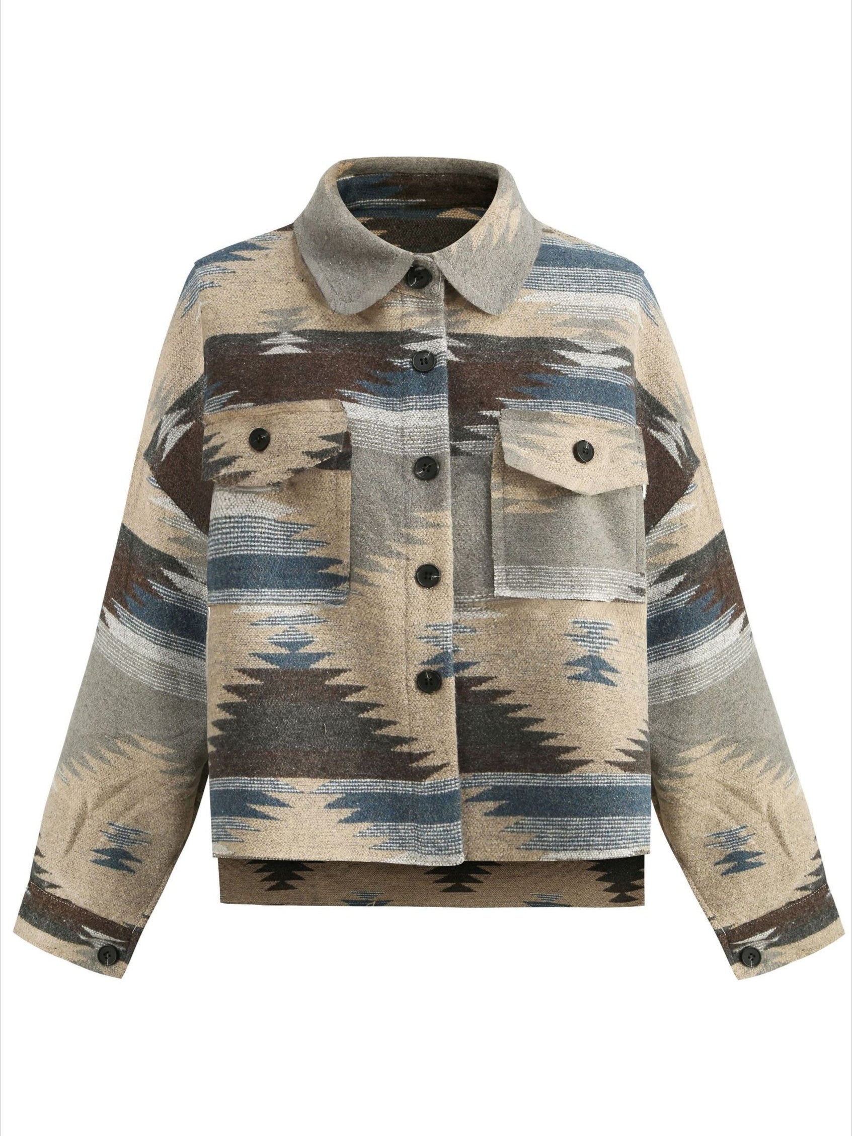 Retro Aztec Pattern Patch Pocket Button Down Shacket