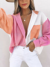 Chic Color Block Button Up Collared Neck Shirt