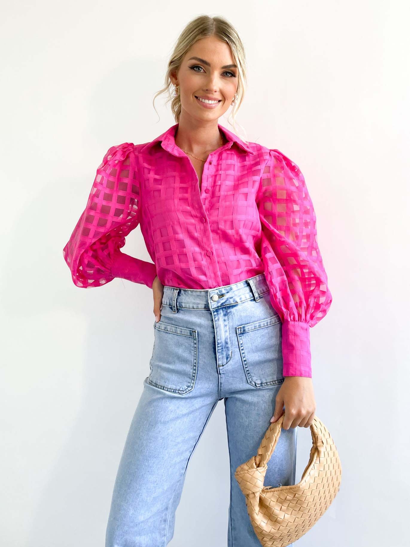 Check Textured Organza Collar Puff Sleeve Shirt