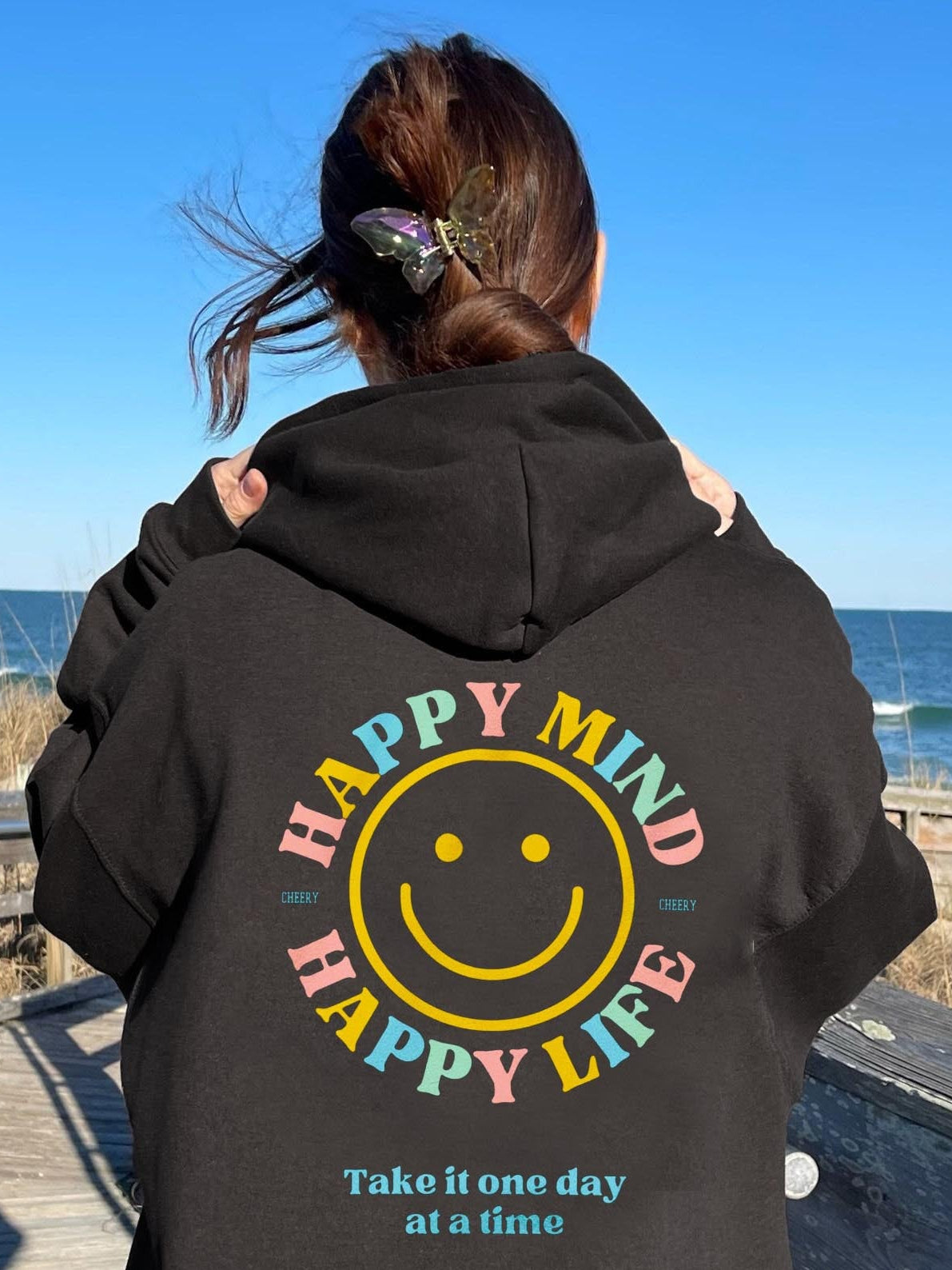 Happy Mind Happy Life Smilely Face Printed Oversized  Aesthetic Hoodie