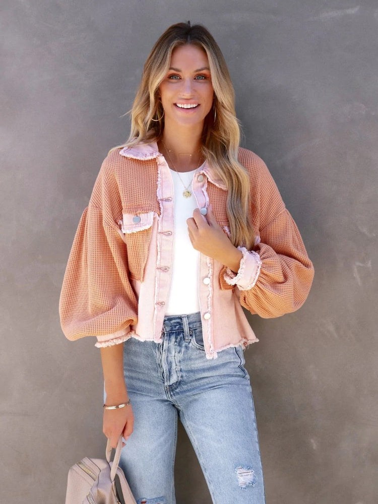 Ladies Vintage Western Waffle Cropped Raw Hem Jacket