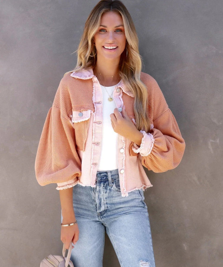 Ladies Vintage Western Waffle Cropped Raw Hem Jacket