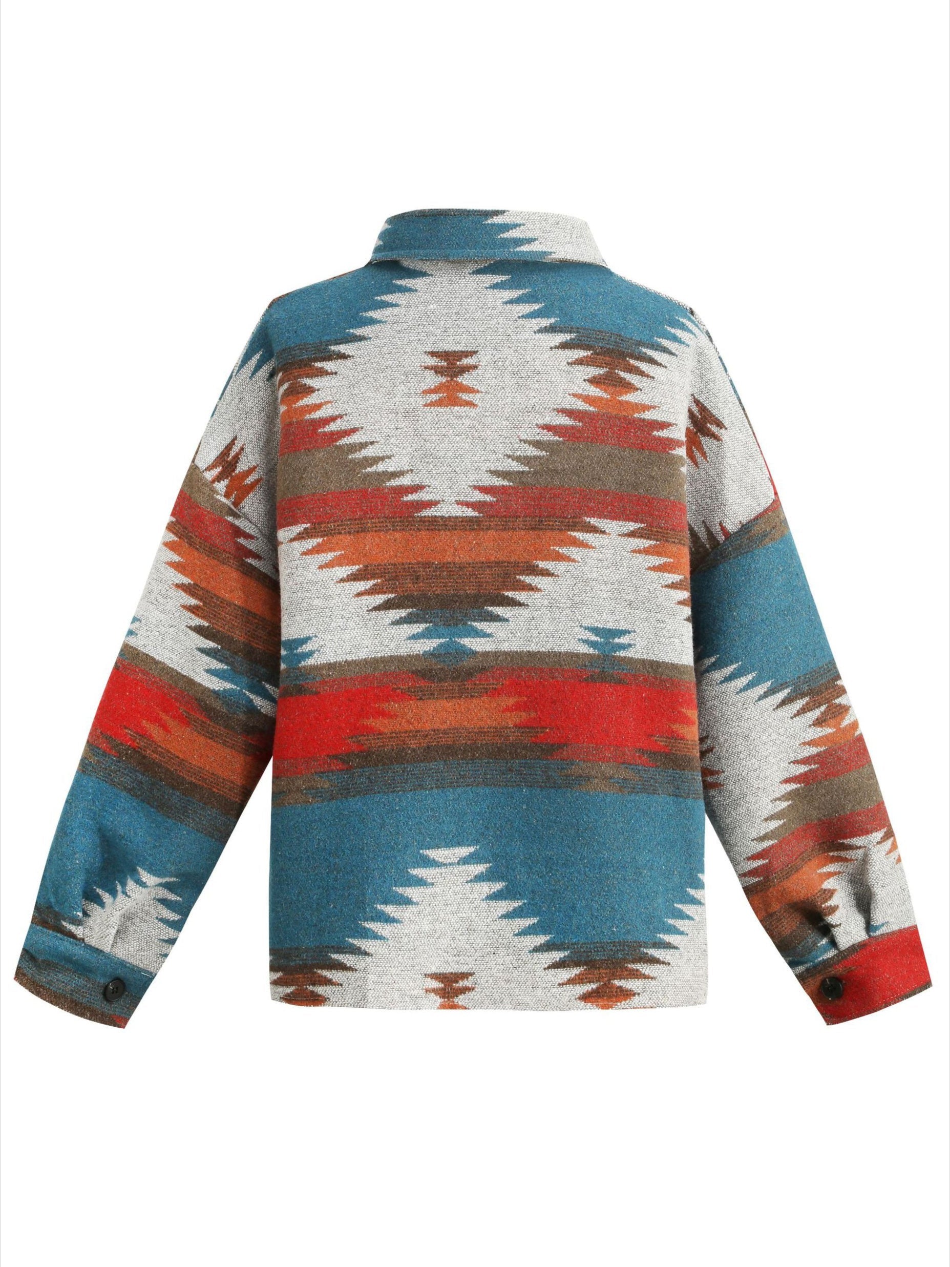 Retro Aztec Pattern Patch Pocket Button Down Shacket