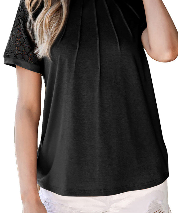 Women's Crewneck Patchwork Lace Top Shirt