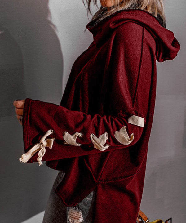 Exposed Seam Loose Neck Hooded Lace Up Bell Sleeve Pullover