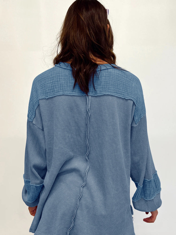 Women's Casual Waffle Patchwork Crewneck Sweatshirt