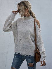Distressed High Neck Raw Hem Long Sleeve Sweater