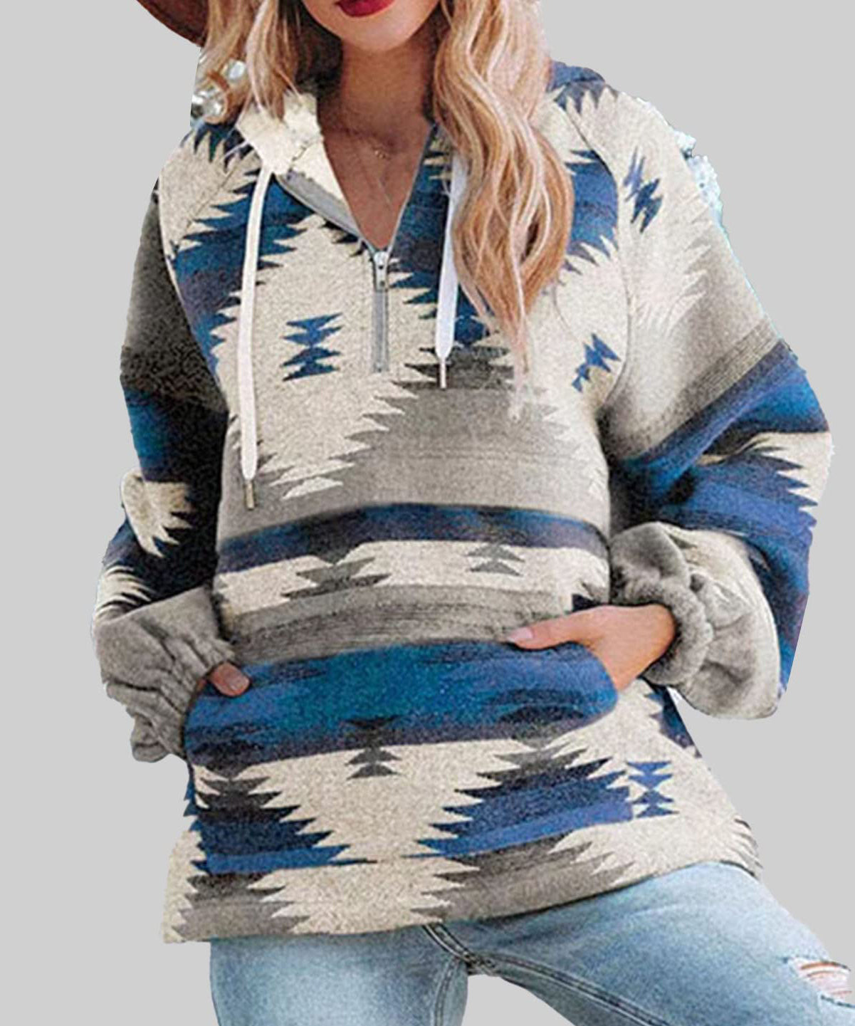 Western Multi-Color Aztec Quarter Zipped Split Neck Hoodie