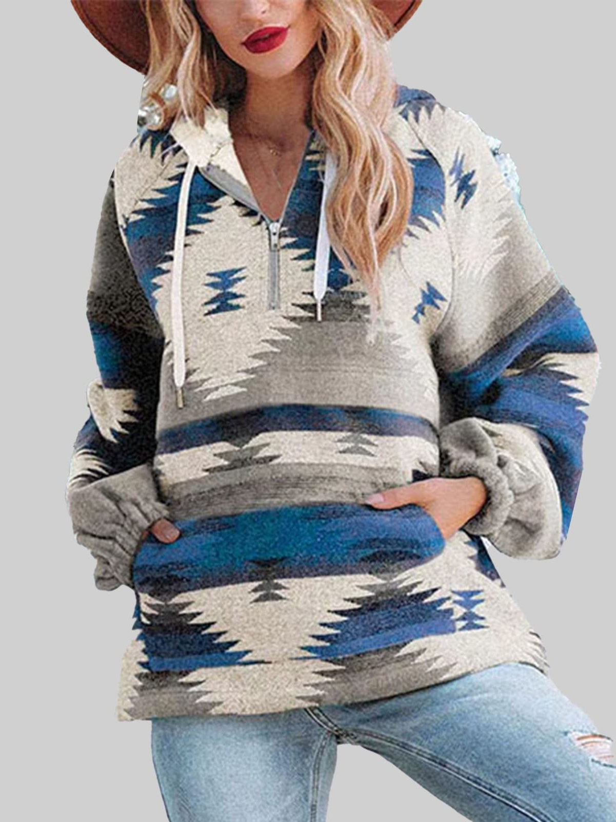 Western Multi-Color Aztec Quarter Zipped Split Neck Hoodie