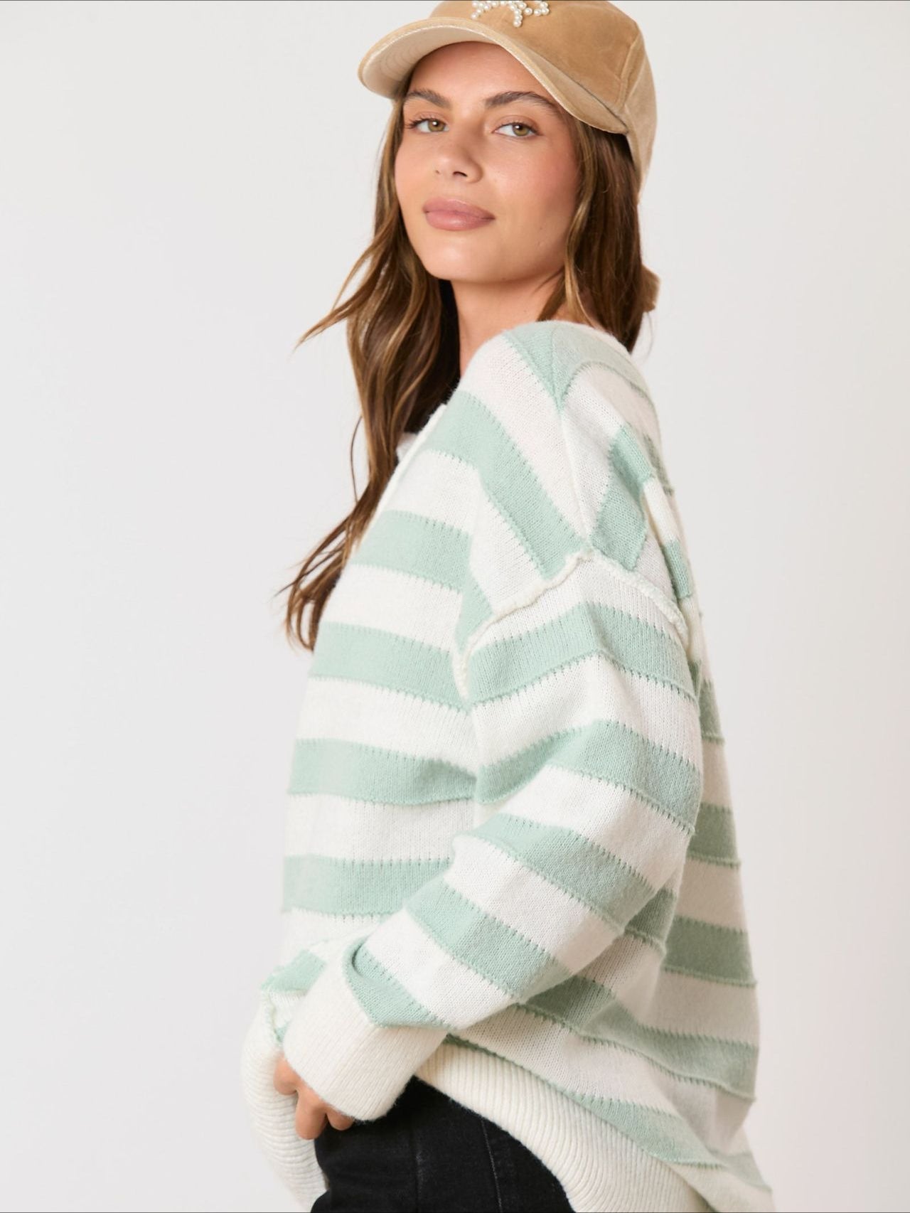 Women's Retro Half-Button Up Striped Knit Baggy Sweater