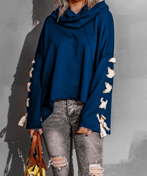 Exposed Seam Loose Neck Hooded Lace Up Bell Sleeve Pullover
