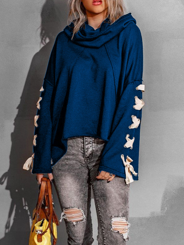Exposed Seam Loose Neck Hooded Lace Up Bell Sleeve Pullover