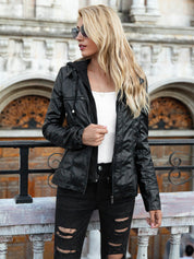 Women's Detachable Hooded Slim Fit Leather Bomber Jacket