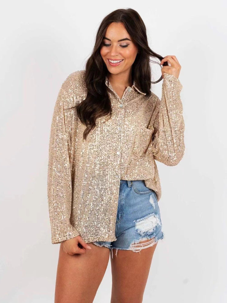 Sparkly Glitter Button-Up Lapel Blouse