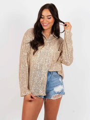 Sparkly Glitter Button-Up Lapel Blouse