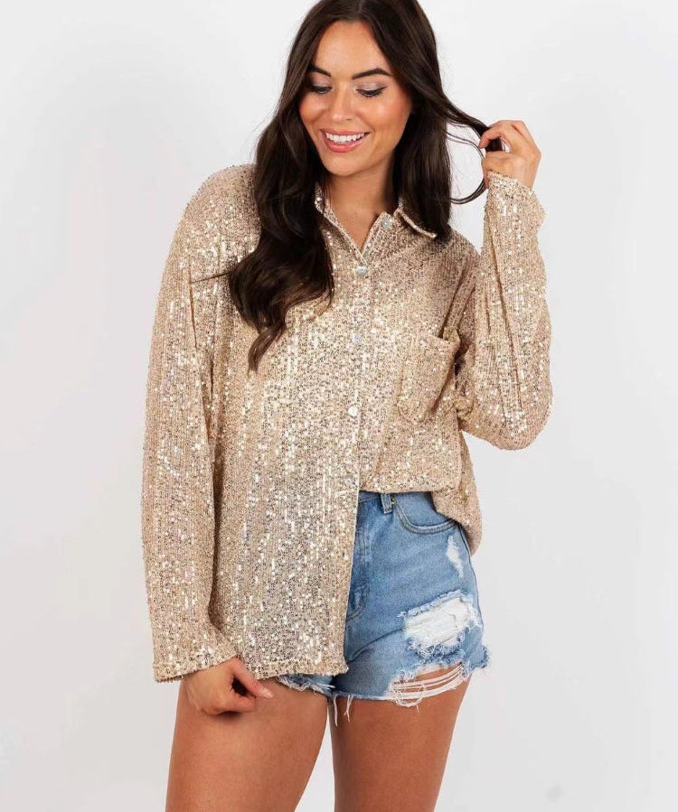 Sparkly Glitter Button-Up Lapel Blouse
