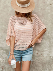 Solid Round Neck Eyelet Knit Cutout Sweater