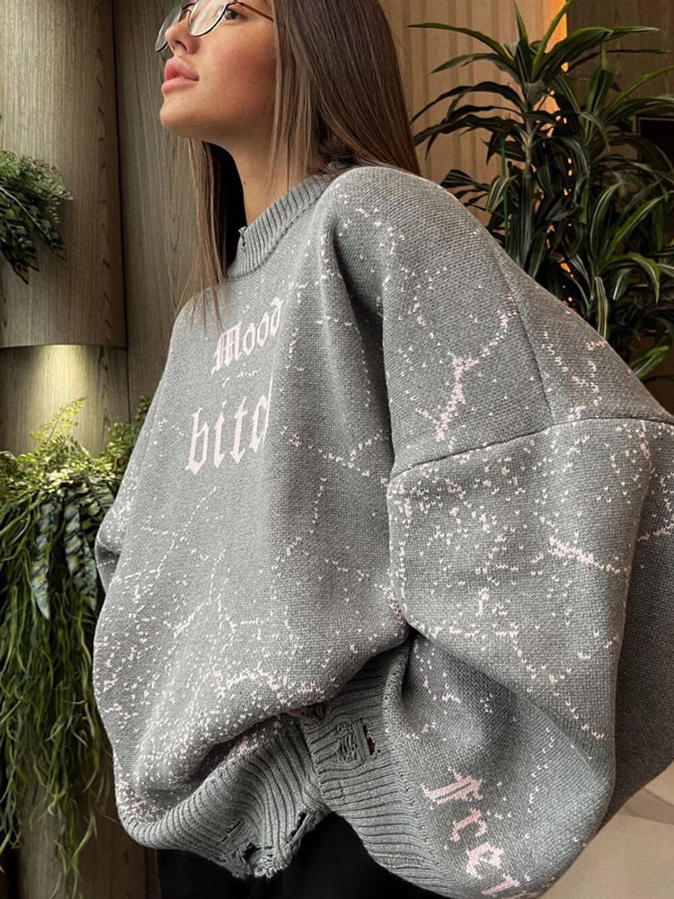 Women's Distressed Abstract  Mood Letter Printed Pullover Sweater
