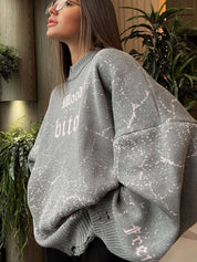 Women's Distressed Abstract  Mood Letter Printed Pullover Sweater