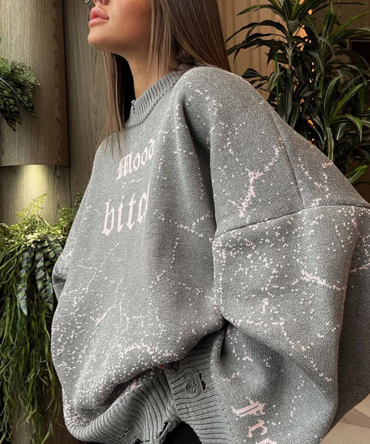 Women's Distressed Abstract  Mood Letter Printed Pullover Sweater