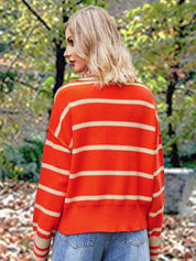 Women's Patchwork Striped Lapel Baggy Pullover Sweater
