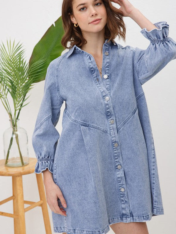 Women's Western Distressed Washed Denim Shirt Dress