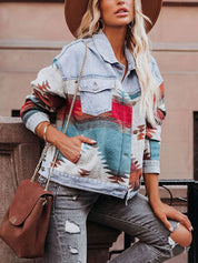 Women's Western Cowgirl Aztec Pattern Denim Jacket