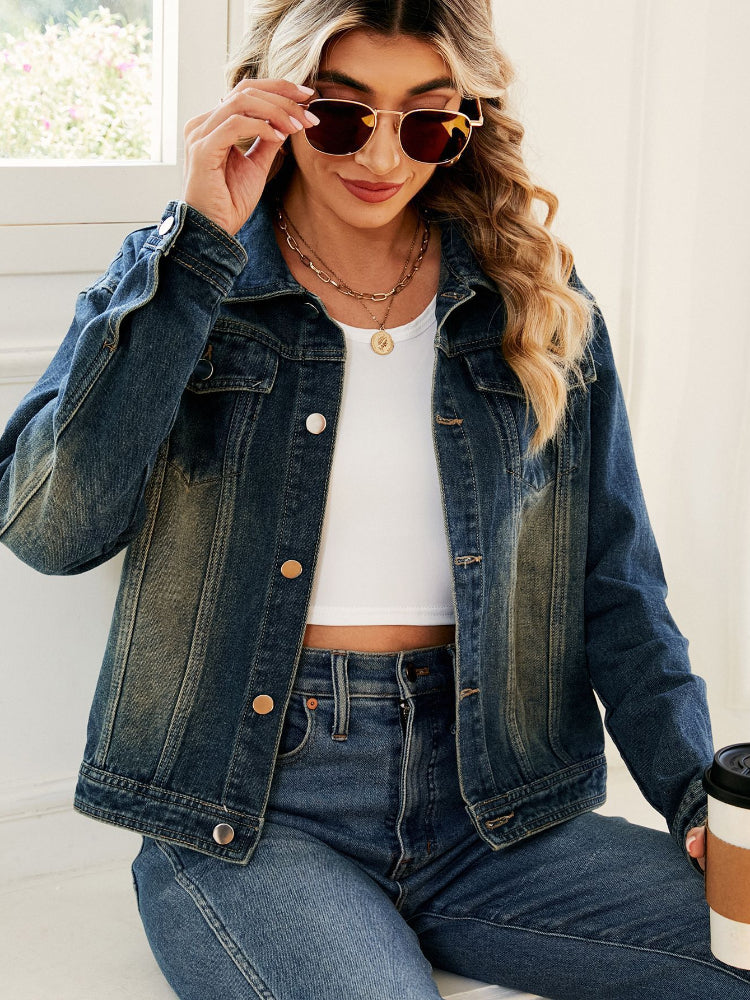 Women's Distressed Button-Up Lapel Denim Bike Jacket