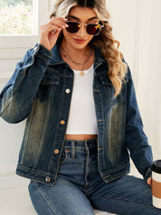 Women's Distressed Button-Up Lapel Denim Bike Jacket