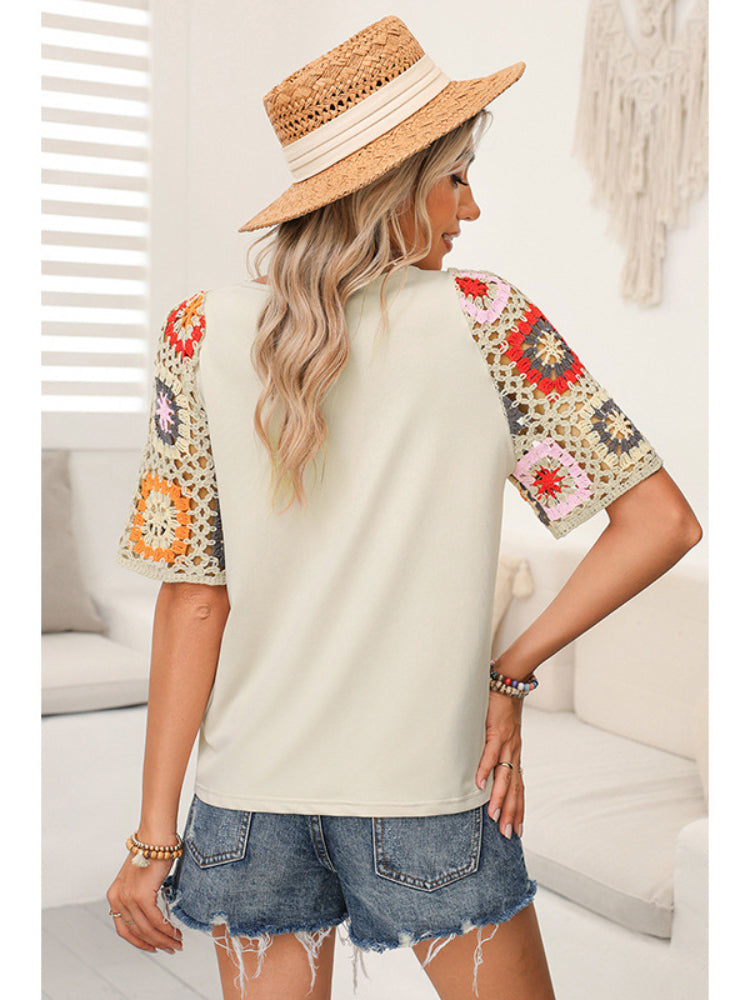 Women's Solid Color Floral Sleeves Shirt