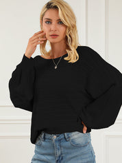 Openwork Boat Neck Puff Sleeve Sweater