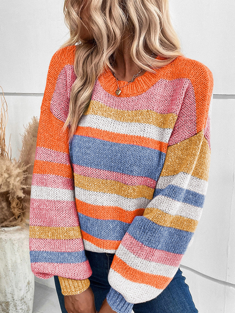 Multicolor Striped Round Neck Long Sleeve Knit Sweater